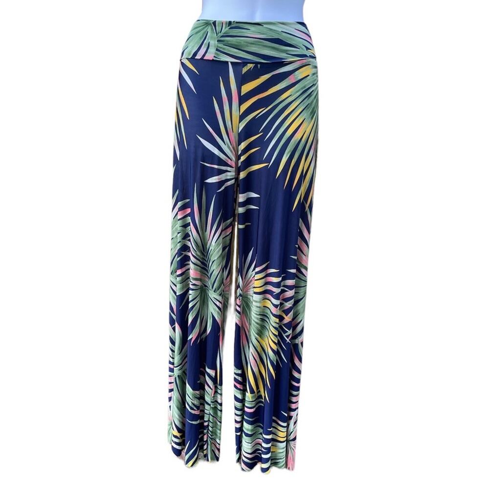 Uptown USA palm leaf print fold over waist wide leg pants